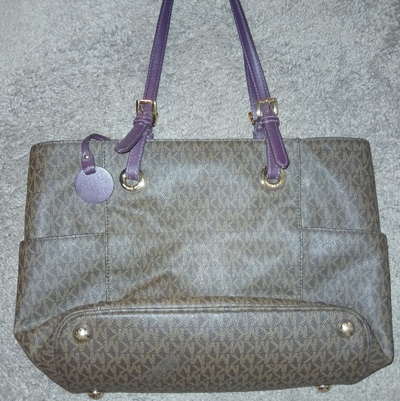 Michael Kors Brown Purse With Purple Straps - Picture 1 of 1